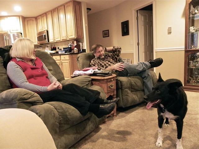 Patty and Kent relaxing at home. Buster had to get in the picture too.
