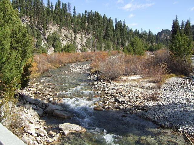 A creek going to the Boise River. You can see from all the rocks, t has been dredged for gold.