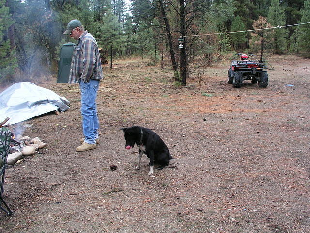 The campsite is cleared of all burning material just to keep us warm. Buster just wants to play.