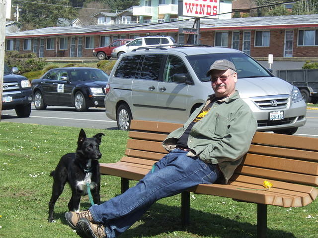 Curtis is resting after a good lunch. Most places have great food but with high prices.